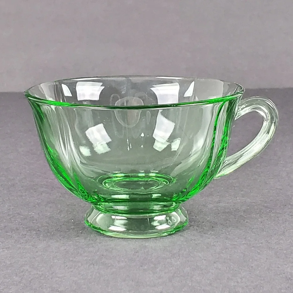 Vintage Green Uranium Glass Teacup Paneled Depression Glass Footed Glows UV